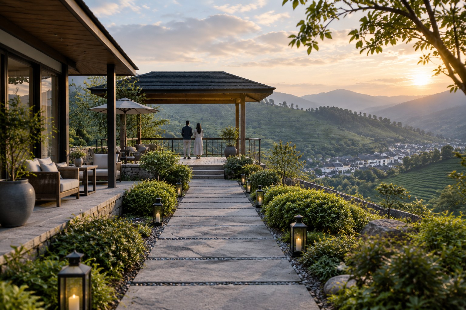 乡村民宿露台，远处是茶山梯田